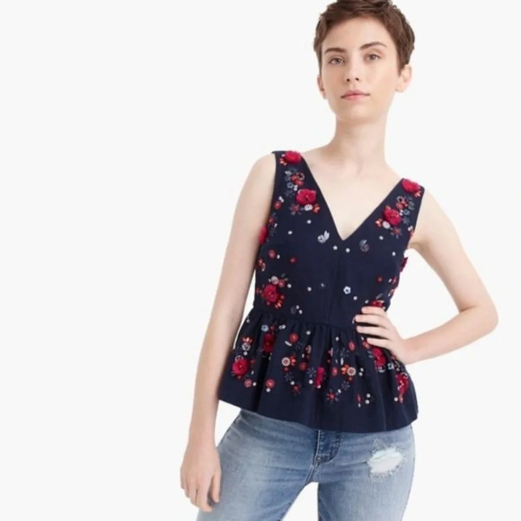 J. Crew Tops - J.Crew Hand Embellished Peplum navy Top size 4